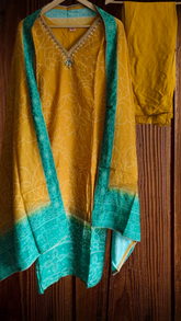 Muslin Digital Printed Ombre 3-Piece Fully Stitched Suit with Hand Work & Shantoon Pants