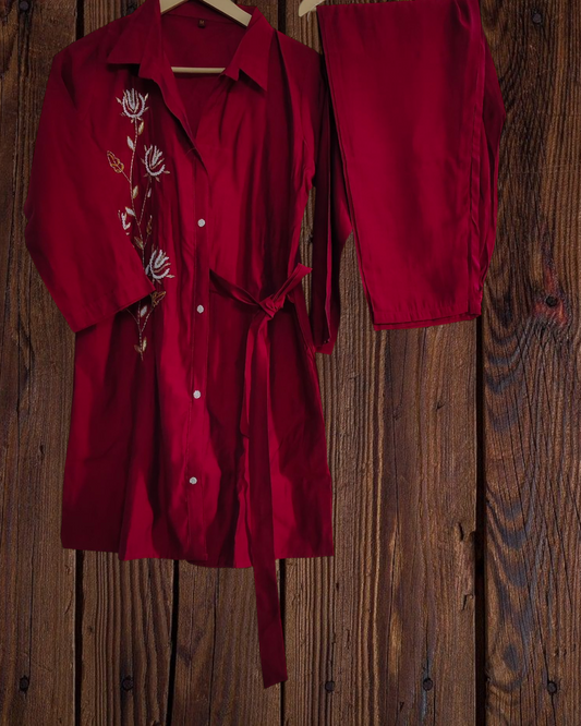 Muslin Long Shirt Co-Ord Set with Hand Embroidery – 2 Pc