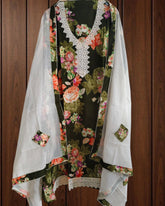 Pure Cotton Suit with Neck Work & Croatia Lace | Cotton Appliqué Dupatta | Unstitched Elegance