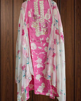 Pure Cotton Floral Print Kurta with Mirror & Croatia Lace | Chiffon Dupatta | Unstitched Set