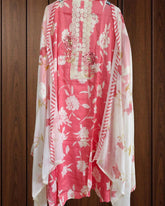 Pure Cotton Floral Print Kurta with Mirror & Croatia Lace | Chiffon Dupatta | Unstitched Set