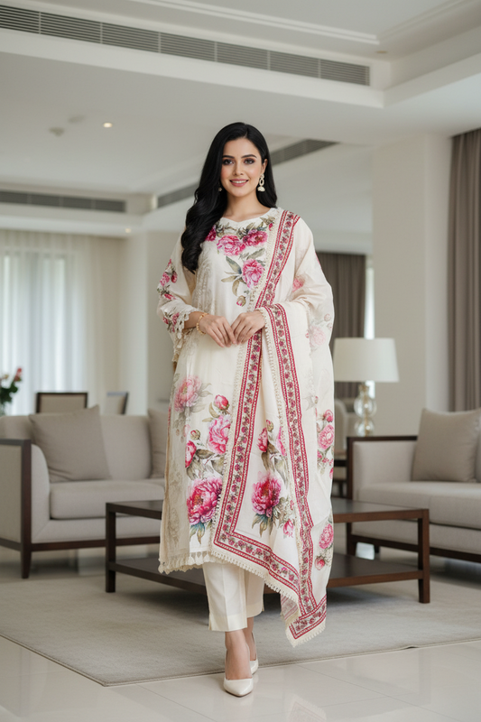 Muslin Digital Print Semi-Stitched Suit with Croatia Laced Dupatta