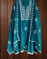 Elegant Cotton Chikan-Kari Unstitched Suit Set with Rayon Bottom