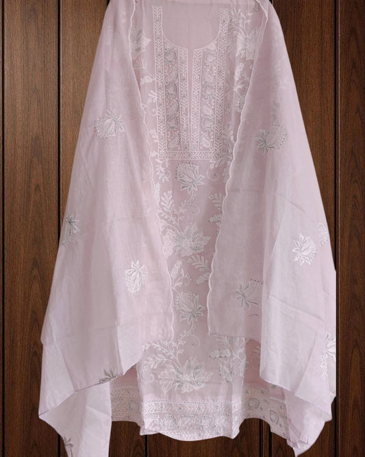 Mul Cotton Chikan-Kari & Zari Embroidery Festive Unstitched Suit (3 Pc Set)