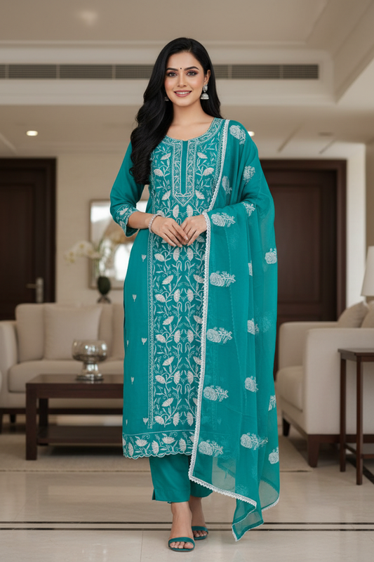 Elegant Organza Embroidered Suit with Pearl Highlights & Chiffon Dupatta