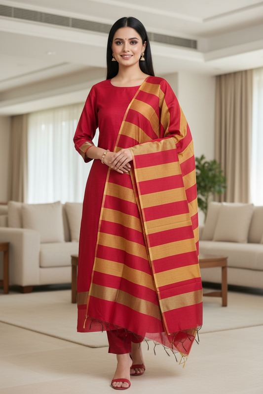Elegant Maheshwari Silk Suit with Banarasi Border