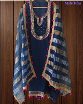 Organza Sequence Work Suit with Tissue Pom Pom Dupatta