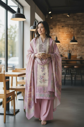 (Pink)Winter Wear- Elegant Self Embroidery Pashmina Floral Printed Winter Suit Set