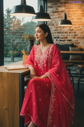 Festive Muslin Shimmer Zardosi Work Un-Stitched Suit Set