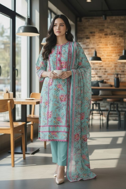 Cotton Pakistani Style Un-Stitched Suit with Crochet Lacing & Printed Dupatta