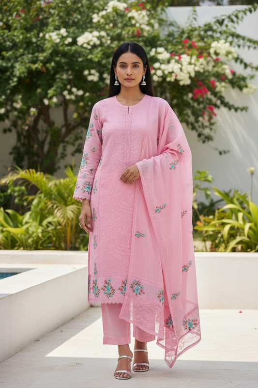 Pure Cotton & Organza Embroidered Un-Stitched Suit Set