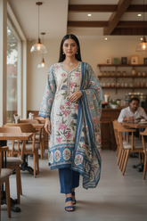 Muslin Digital Print Semi-Stitched Suit with Crochet Lacing & Sequence Cut-Dana Work