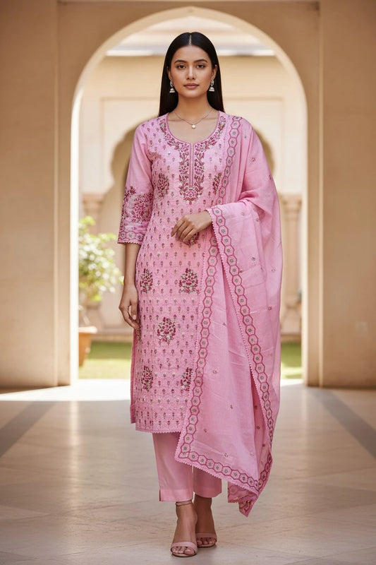 Premium Cotton Unstitched Suit with Parsi Embroidery Work