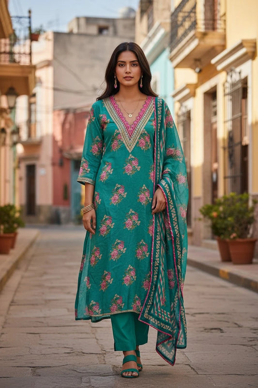 Muslin Digital Print Suit with Sequin & Mirror Neck Work – Unstitched Set
