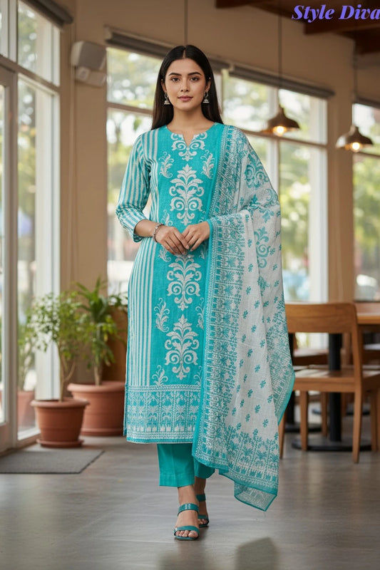 Linen Digital Print Zari & Sequin Highlighted Unstitched Suit with Cotton Linen Dupatta