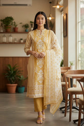 Linen Digital Print Zari & Sequin Highlighted Unstitched Suit with Cotton Linen Dupatta