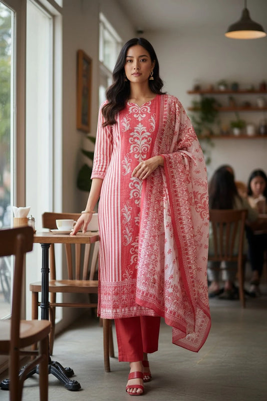Linen Digital Print Zari & Sequin Highlighted Unstitched Suit with Cotton Linen Dupatta