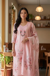 (PEACH)-Linen Digital Print Thread Embroidery Unstitched Suit with Tassel Dupatta
