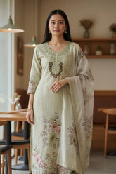 Linen Digital Print Thread Embroidery Unstitched Suit with Tassel Dupatta