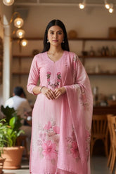(PINK)-Linen Digital Print Thread Embroidery Unstitched Suit with Tassel Dupatta
