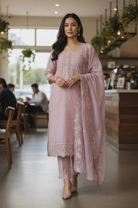 Mul Chanderi Thread Embroidery Unstitched Suit (3 Pc Set) with Scalloped Dupatta