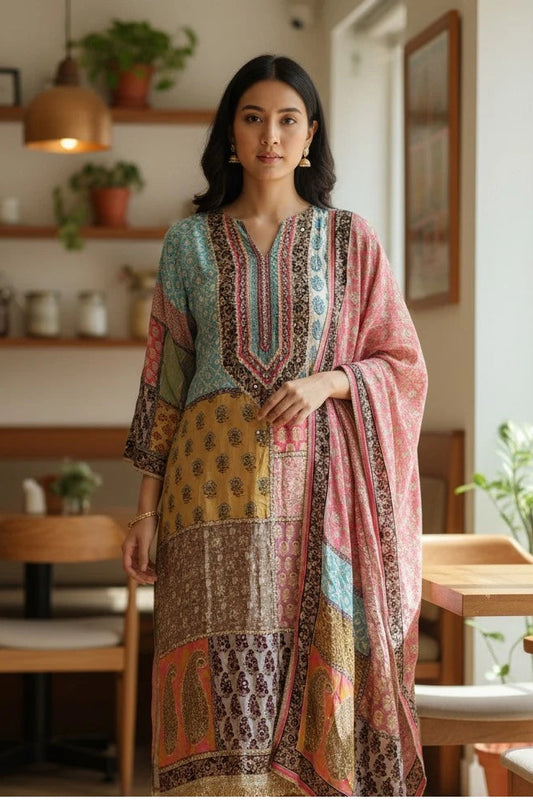 Crepe Semi-Stiched Suit with Mirror Highlighting & Zari Lacing