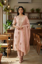 (Light Peach)- Crush Mul Cotton Block Print Unstitched Suit with Pita Embroidery Detailing (Copy)