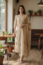 (Light Yellow)- Crush Mul Cotton Block Print Unstitched Suit with Pita Embroidery Detailing