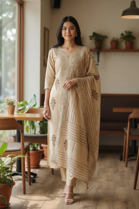 (Light Yellow)- Crush Mul Cotton Block Print Unstitched Suit with Pita Embroidery Detailing
