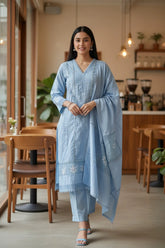 (Sky Blue)-Cotton Khadi Pakistani Style Semi-Stitched Suit with Crochet Lacing & Faux Mirror Work