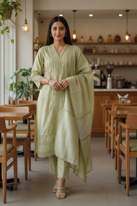 (Light Green)-Cotton Khadi Pakistani Style Semi-Stitched Suit with Crochet Lacing & Faux Mirror Work