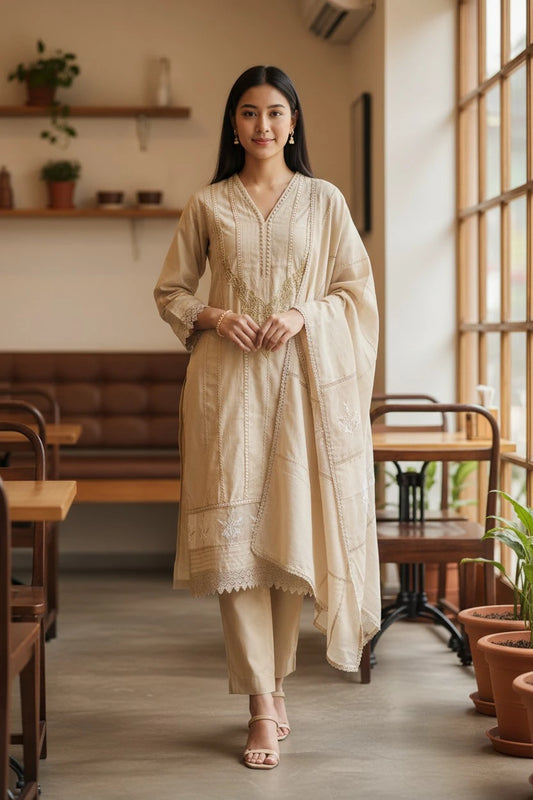 (Beige)-Cotton Khadi Pakistani Style Semi-Stitched Suit with Crochet Lacing & Faux Mirror Work