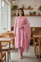 (Pink)-Cotton Khadi Pakistani Style Semi-Stitched Suit with Crochet Lacing & Faux Mirror Work )