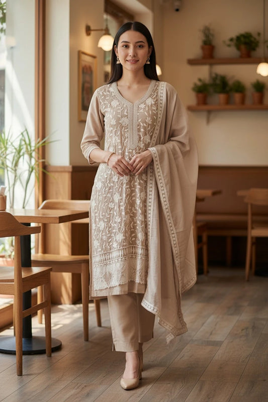 Premium Mul Cotton Parsi Embroidery Unstitched Suit with Intricate Pearl Work
