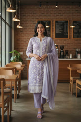 Premium Mul Cotton Parsi Embroidery Unstitched Suit with Intricate Pearl Work
