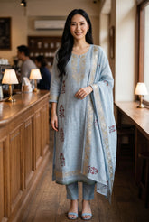 Crush Mul Cotton Block Print Unstitched Suit with Pita Embroidery Detailing