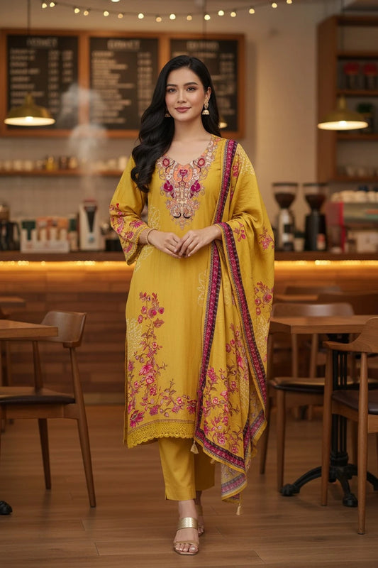 Muslin Digital Print Pearl High-Lighting Semi-Stitched Suit with Tassel Dupatta
