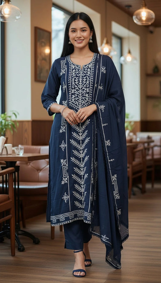 Mul Cotton Overall Applique Work Unstitched Suit with Applique Work Dupatta