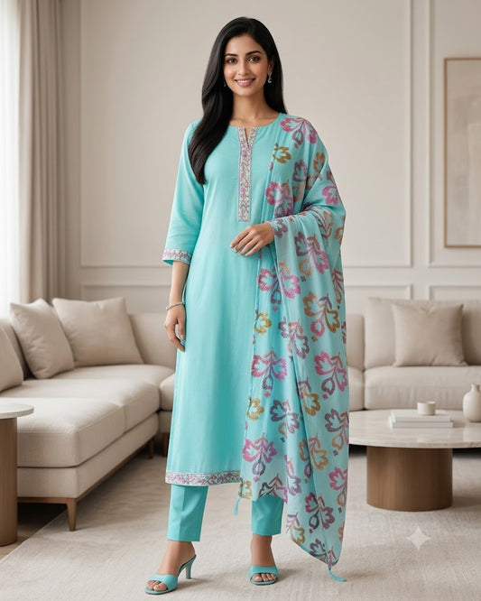 Mul Cotton Neck & Daman Embroidered Unstitched Suit with Designer Embroidered Dupatta