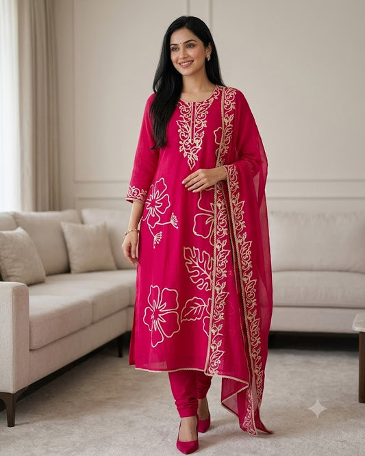 (MAGENTA)-Mul Cotton Faux Leather Work Unstitched Suit Set for Women | Festive & Party Wear