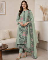 Mul Cotton Embroidered Unstitched Suit with Pearl Highlighting Dupatta