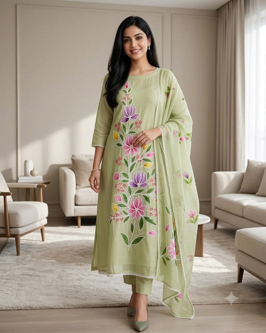 Festive Mul Cotton Brush Paint Unstitched Suit with 3D Embroidery & Crochet Detailing