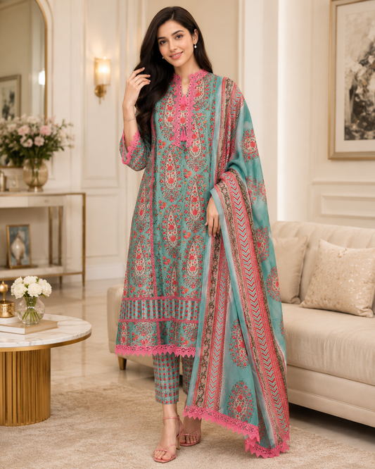 Jaam Cotton Digital Printed Crochet Lacing Unstitched Suit with Mul Cotton Dupatta