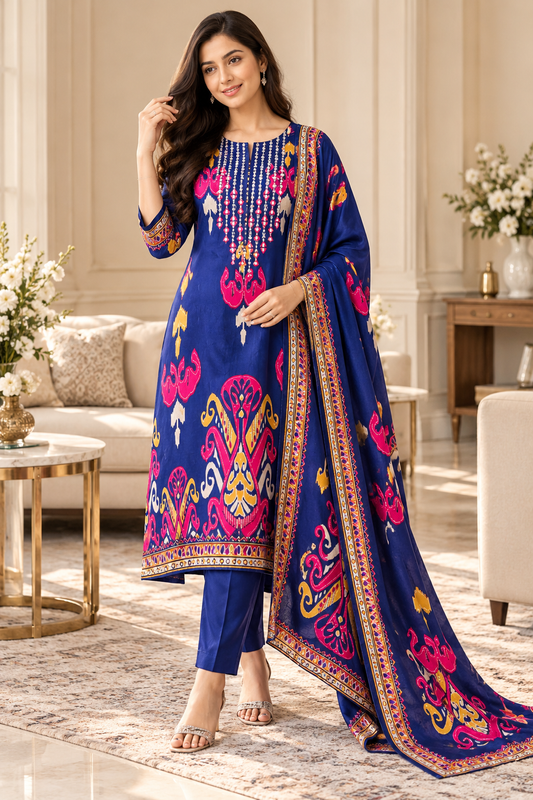 SD1224 - Gajji Silk Unstitched Suit with Digital Print, Mirror Work, Embroidered Kurta & Digital Print Dupatta