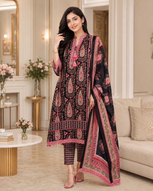 Jaam Cotton Digital Printed Crochet Lacing Unstitched Suit with Mul Cotton Dupatta