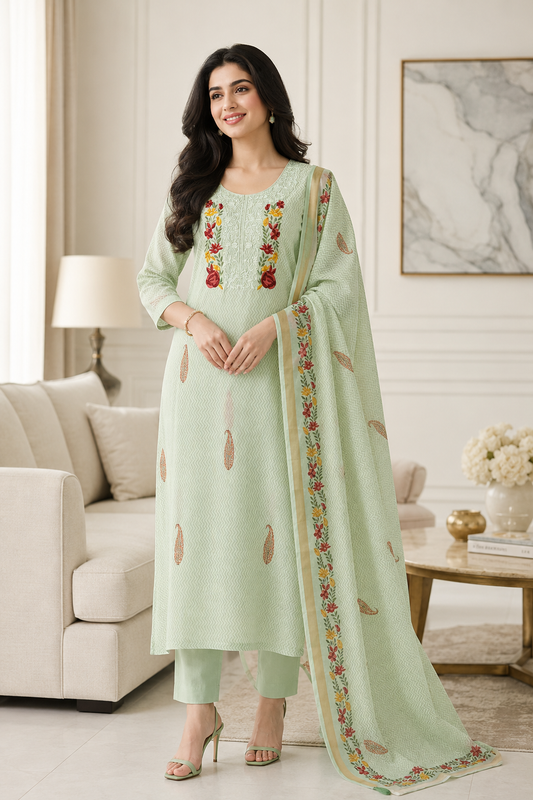 Mul Cotton Printed Unstitched Suit with Neck Embroidery & Digital Print Dupatta