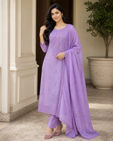Pure Mul Cotton Lucknowi Embroidery Unstitched Suit Set with Sequence High-Lighting Dupatta