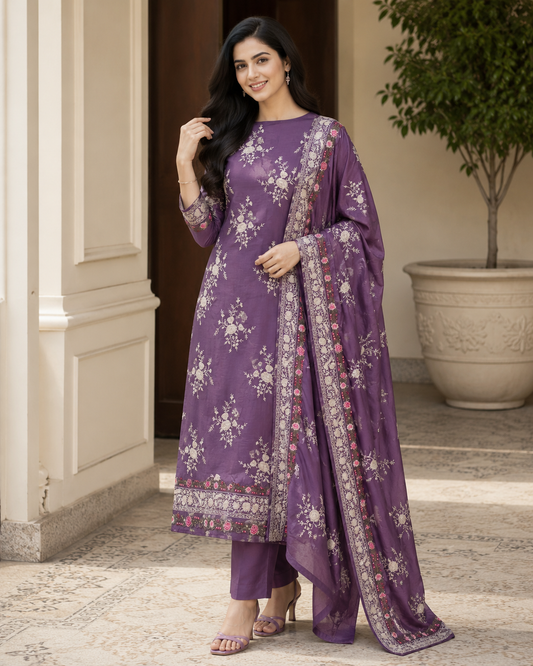 Mul Cotton Parsi Embroidery Unstitched Suit Set with Embroidered Dupatta