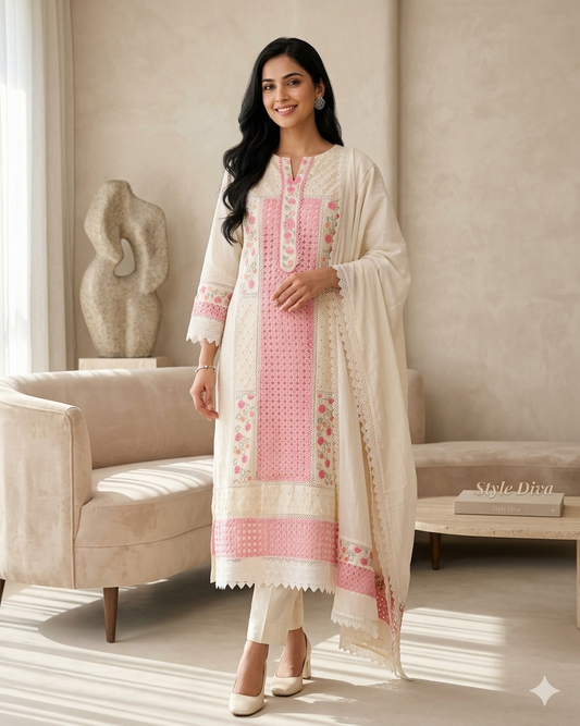Summer Special- Pure Cotton Crochet Lacing & Embroidered Pakistani Style Unstitched Suit