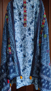Pure Cotton Unstitched Suit Set with kantha work on neck cotton bottom cotton dupatta with kantha work